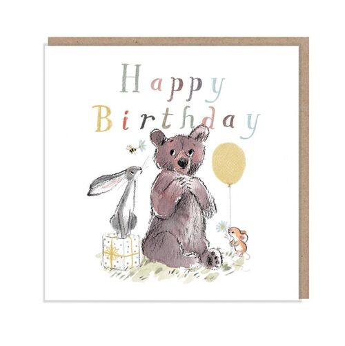 Happy Birthday, Quality Greeting Card, 'the Bear, the Hare, and the Mouse' , heart warming Illustrations, made in UK, no plastic, BHME03