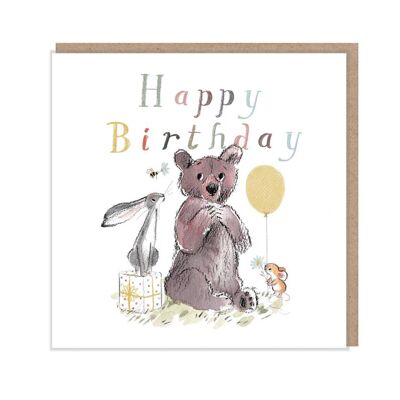 Happy Birthday, Quality Greeting Card, 'the Bear, the Hare, and the Mouse' , heart warming Illustrations, made in UK, no plastic, BHME03