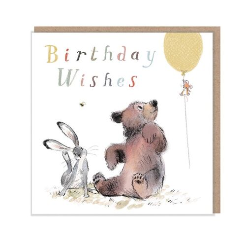 Birthday Wishes, Quality Greeting Card, 'the Bear, the Hare, and the Mouse' , heart warming Illustrations, made in UK, no plastic, BHME07