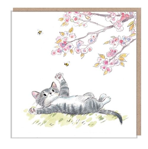 Cat Card - Quality Blank Greeting Card - Charming illustration - 'Pawsitively Purrect' range - Cat with Blossom - Made in UK - EPP09