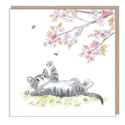 Tarjeta de gato - Tarjeta de felicitación en blanco de calidad - Ilustración encantadora - Gama 'Pawsitively Purrect' - Gato con flor - Hecho en el Reino Unido - EPP09
