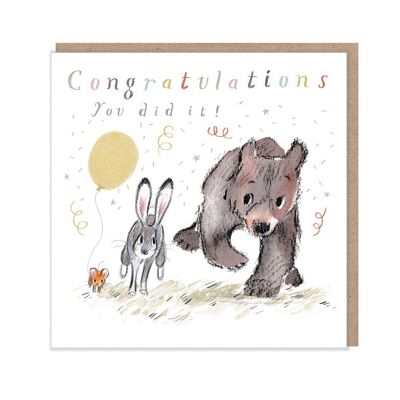 Congratulations you did it!, Quality Greeting Card, 'the Bear, the Hare, and the Mouse' , heart warming Illustrations, made in UK, BHME08