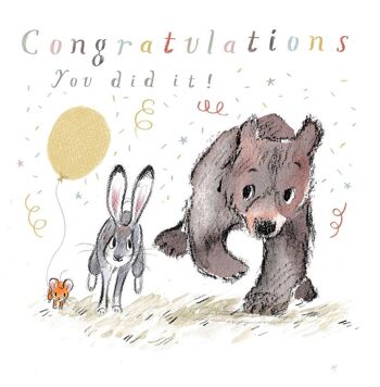 Félicitations, vous l'avez fait !, Carte de vœux de qualité, "l'ours, le lièvre et la souris", Illustrations réconfortantes, fabriquées au Royaume-Uni, BHME08 3