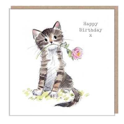 Katzen-Geburtstagskarte – hochwertige Grußkarte – bezaubernde Illustration – „Pawsitively Purrect“-Reihe – Katze mit Rose – hergestellt in Großbritannien – EPP02