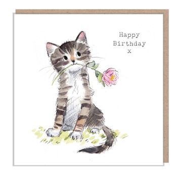 Carte d'anniversaire chat - Carte de voeux de qualité - Illustration charmante - Gamme 'Pawsitively Purrect' - Chat avec rose - Fabriqué au Royaume-Uni - EPP02 1