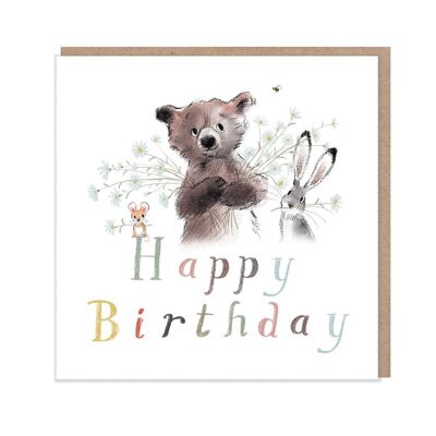 Happy Birthday, Quality Greeting Card, 'the Bear, the Hare, and the Mouse' , heart warming Illustrations, made in UK, no plastic, BHME05