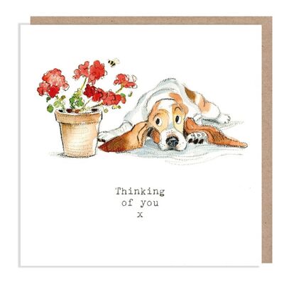 Dog Thinking of you Card - Quality Greeting Card - Charming illustration - 'Absolutely barking' range - Basset hound - Made in UK - ABE02