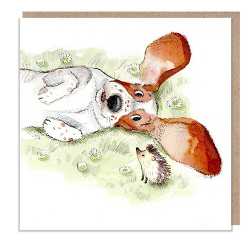 Blank Card - Quality Greeting Card - Charming Dog illustration - 'Absolutely barking' range -Basset Hound and Hedgehog - Made in UK - ABE033