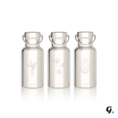 Gaspajoe isolierte Wasserflaschen, Modell GROOVY 350 ml - graviert Gingko, Colibri und Lotus