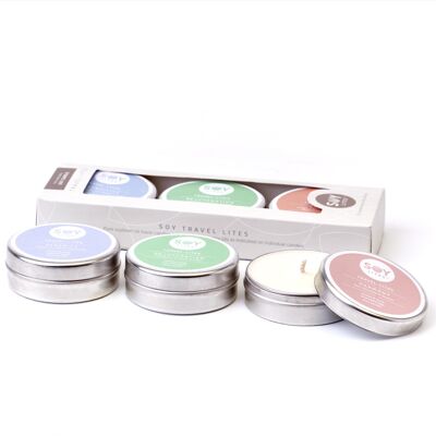 Coffret cadeau avec 3 pièces format voyage 55 ml / durée de combustion pour 1 bougie est de 15 heures