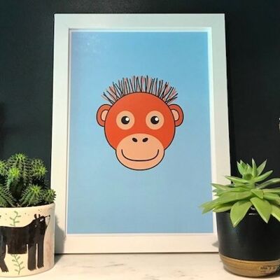 orangutan print - White frame light blue