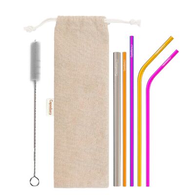 Stainless steel straws - COLORFUL DISCOVERY PACK - Set of 5 straws + 2 brushes