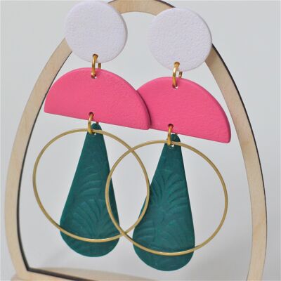 Large Colour Block Dangle Statement Earrings (GREEN) with Brass Ring