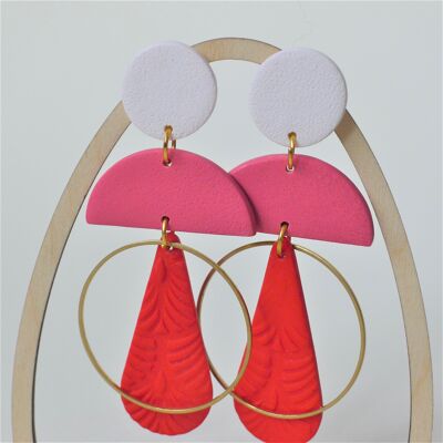 Large Colour Block Dangle Statement Earrings (Red) with Brass Ring