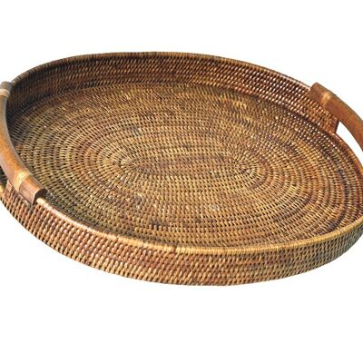 Sultan oval tray in honey rattan and mango wood handles