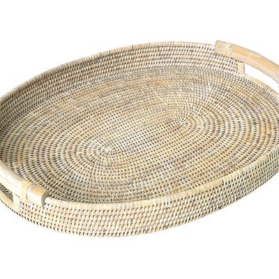 Sultan oval tray in white limed rattan and wooden handles