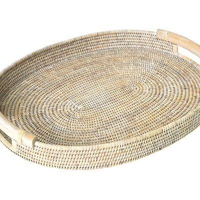 Sultan oval tray in white limed rattan and wooden handles