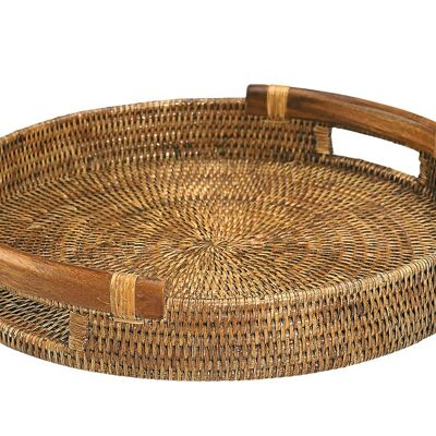 Round tray Samoa honey rattan and wooden handles