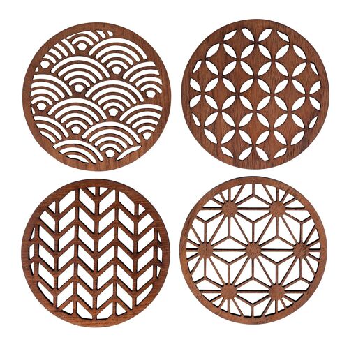 Japanese Patterns Upcycled Teak Wood Coasters - Individual / Set of 4