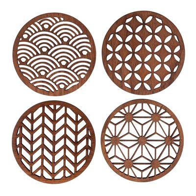 Posavasos de madera de teca reciclados con patrones japoneses - Individual / Juego de 4