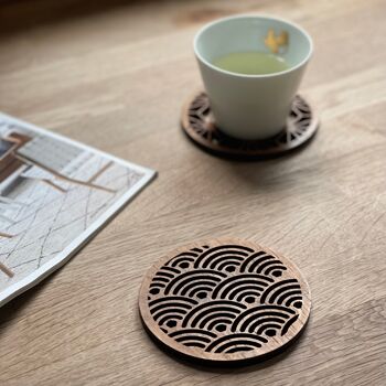 Sous-verres en bois de teck recyclés à motifs japonais - Individuel / Ensemble de 4 11