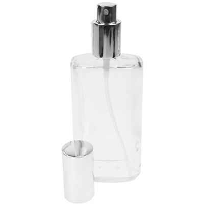 Clear glass bottle, oval, with spray pump + silver cap for 100 ml