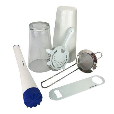 6 Piece White Cocktail Set, 28oz Cocktail Shaker Tin & 16oz Glass, Muddler, 4 Prong Strainer, Fine Strainer & Bar blade