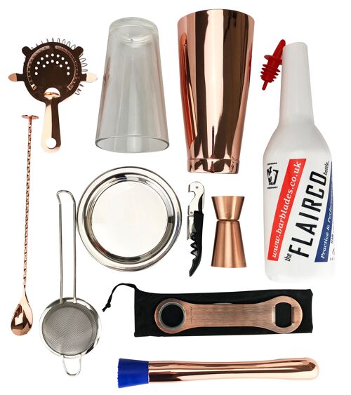 11 Piece Copper Cocktail Kit Tin on Glass