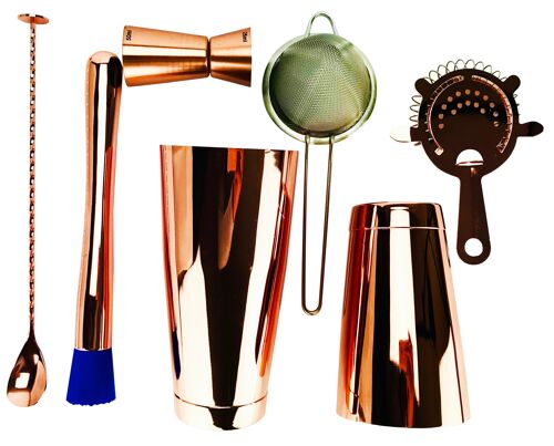 7 Piece Copper Cocktail Set, Tin 28oz & 18oz, 2 Strainers, Spoon, Muddler and Jigger