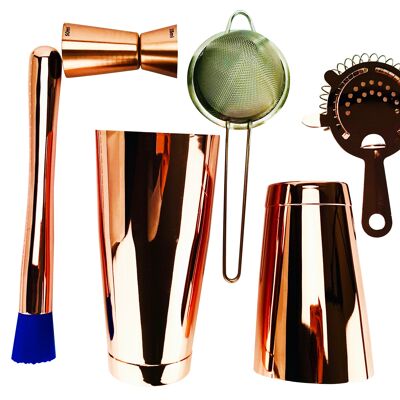 7 Piece Copper Cocktail Set, Tin 28oz & 18oz, 2 Strainers, Spoon, Muddler and Jigger
