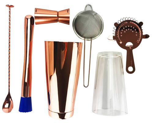 7 Piece Copper Cocktail Set, Tin, Glass, 2 Strainers, Spoon, Muddler and Jigger