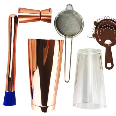 7 Piece Copper Cocktail Set, Tin, Glass, 2 Strainers, Spoon, Muddler and Jigger