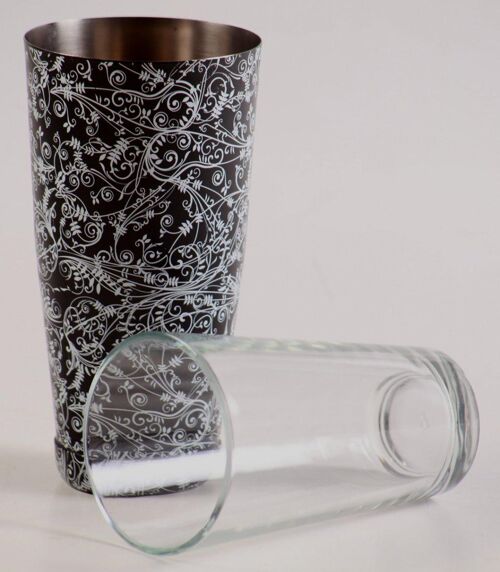Black Boston Tin with Flower Pattern and Boston Glass 