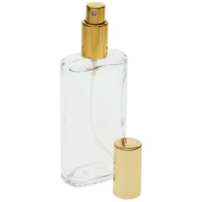 Flacone in vetro trasparente, ovale, con pompetta spray + tappo oro per 100 ml