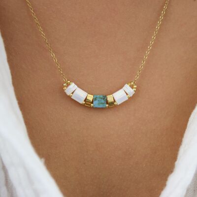 Collier bohème avec perles japonaises en verre, bleu, blanc, or, idée cadeau fête des mères