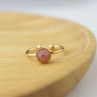 Adjustable ring gold plated and pink quartz stone