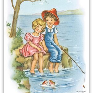 Carte postale couple à la pêche