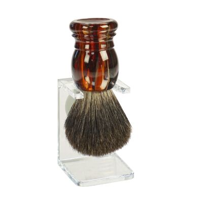 Shaving brush holder, clear plastic with Rein Badger shaving brush