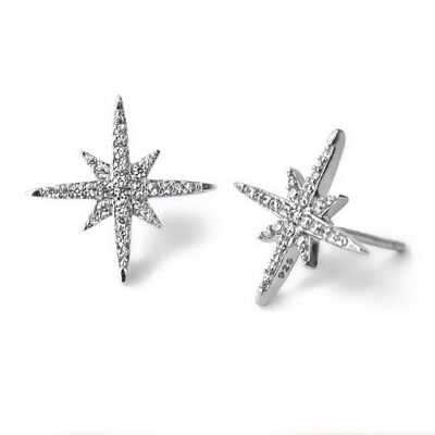 Boucles d'Oreilles Clous Starburst/Or Blanc 18K & Cubic Zirconia