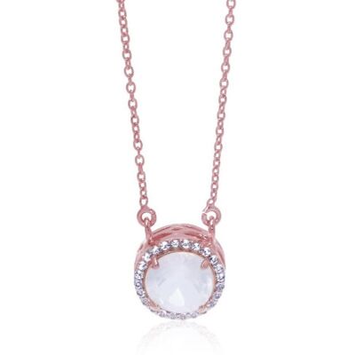 Collier Princess Halo / Or rose 18 carats avec quartz rose et topaze blanche