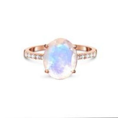L'anello incantato/Vermeil in oro rosa 18 carati con pietra di luna arcobaleno e topazio bianco