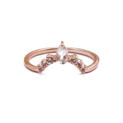 Elegante anello impilatore a forma di V/oro rosa 18 carati e topazio bianco