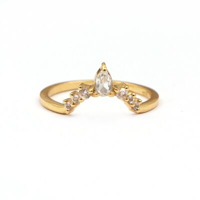 Elegante anillo Stacker en forma de V/oro amarillo de 18 quilates y topacio blanco