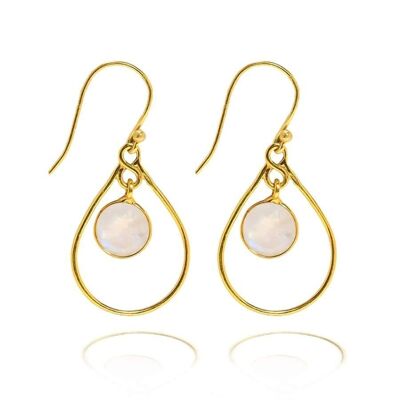 Aretes tipo argolla con forma de lágrima/oro amarillo de 18 quilates y piedra lunar arcoíris