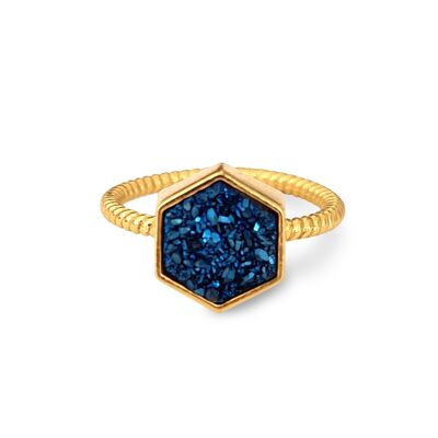 Night Sky Hexagon Statement Ring/18K Gelbgold & Blue Titanium Druzy