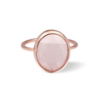 Anillo llamativo de cuarzo rosa/oro rosa de 18 k y cristal de cuarzo rosa