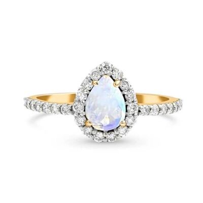 Teardrop Halo Statement Ring/18K Yellow Gold With Rainbow Moonstone & White Topaz - Small (US 6)
