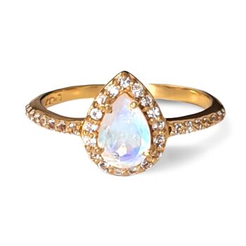 Bague en forme de larme Halo / Or jaune 18 carats avec pierre de lune arc-en-ciel et topaze blanche - Grand (US 8) 2