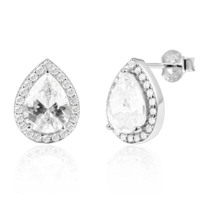 Boucles d'oreilles Halo en forme de larme/Or blanc 18 carats et zircons cubiques de qualité supérieure