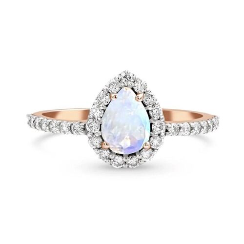 Teardrop Halo Statement Ring/18k Rose Gold with Rainbow Moonstone & White Topaz - Small (US 6)